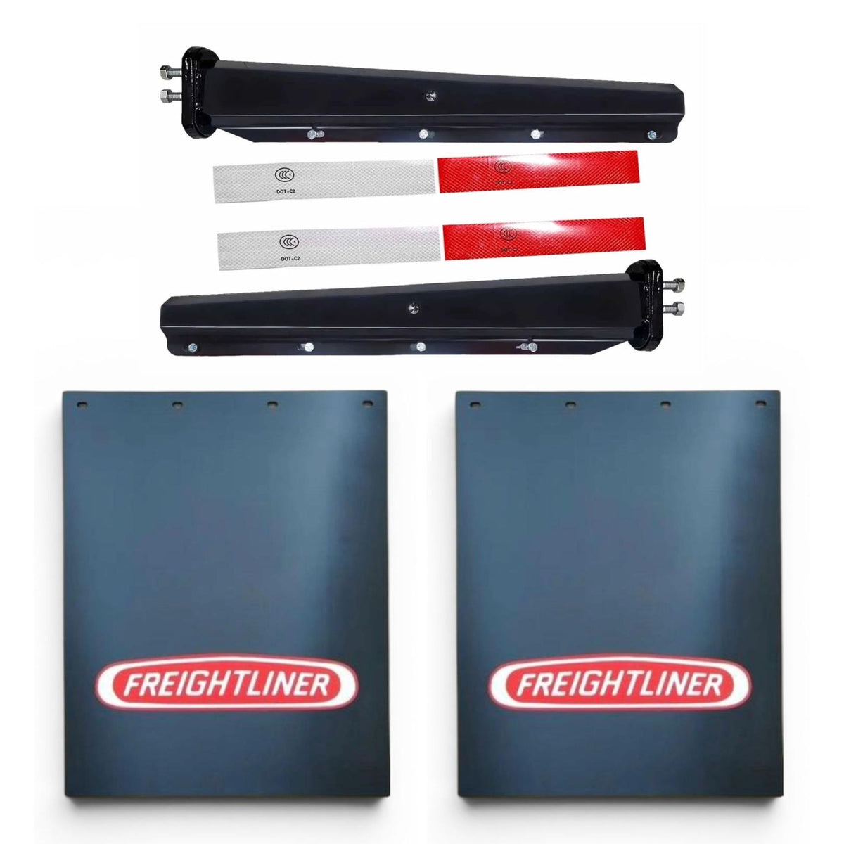 Semi Truck Mud Flaps 24in x 30in Compatible with Freightliner Trucks – Black with Red Logo – Includes Black Mud Flap Hangers, Reflector Tape & Mounting Bolts