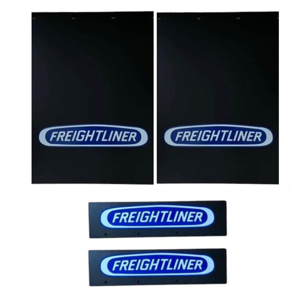 Semi Truck Mud Flaps 24in x 30in Compatible with Freightliner – Black with Blue Logo – Includes 21in x 5in Quarter Fender Mud Flaps – 4-Piece Set