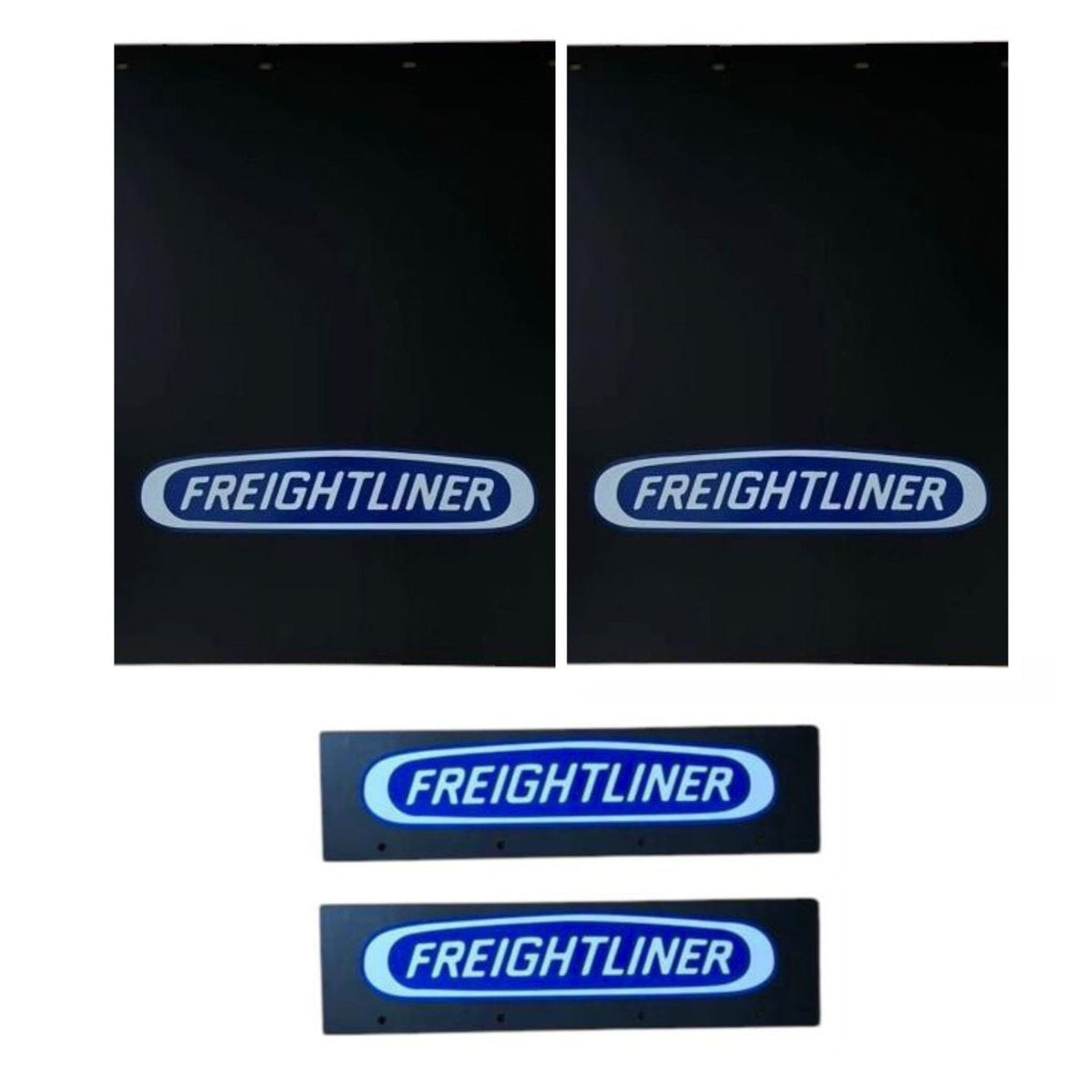 Semi Truck Mud Flaps 24in x 30in Compatible with Freightliner – Black with Blue Logo – Includes 21in x 5in Quarter Fender Mud Flaps – 4-Piece Set