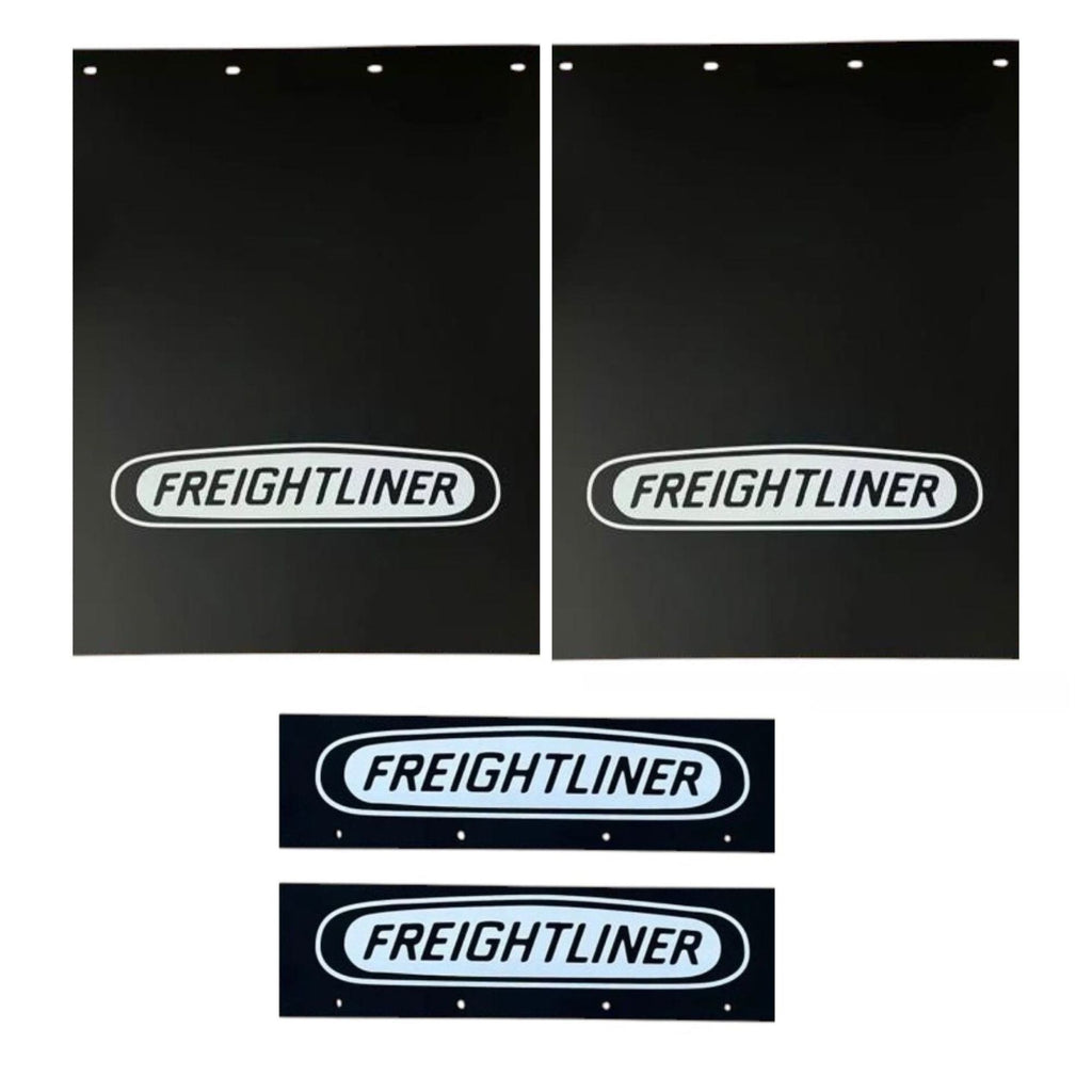 Semi Truck Mud Flaps 24in x 30in Compatible with Freightliner – Black with White Logo – Includes 21in x 5in Quarter Fender Mud Flaps – 4-Piece Set