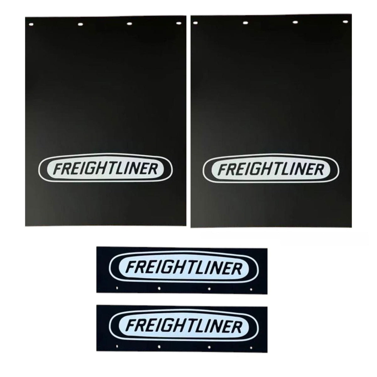 Semi Truck Mud Flaps 24in x 30in Compatible with Freightliner – Black with White Logo – Includes 21in x 5in Quarter Fender Mud Flaps – 4-Piece Set