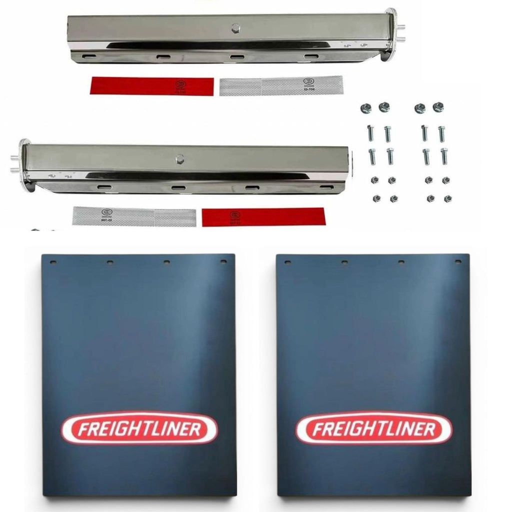 Semi Truck Chrome Mud Flap Hangers 2 1/2in Bolt Pattern Compatible with Freightliner – 24in x 30in Black with Red Logo Mud Flaps – 8 Mounting Bolts & Reflector Tape