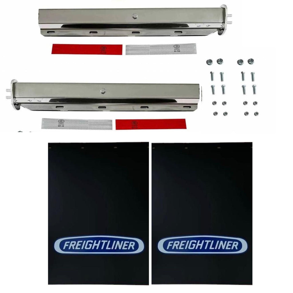 Semi Truck Chrome Mud Flap Hangers 2 1/2in Bolt Pattern Compatible with Freightliner – 24in x 30in Black with Blue Logo Mud Flaps – 8 Mounting Bolts & Reflector Tape