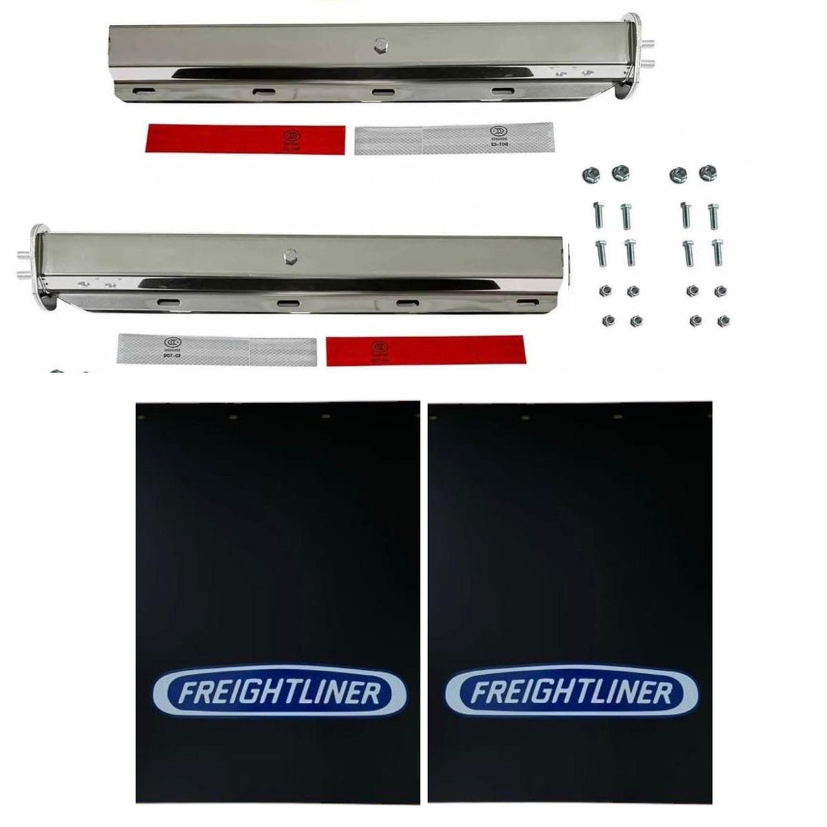 Semi Truck Chrome Mud Flap Hangers 2 1/2in Bolt Pattern Compatible with Freightliner – 24in x 30in Black with Blue Logo Mud Flaps – 8 Mounting Bolts & Reflector Tape