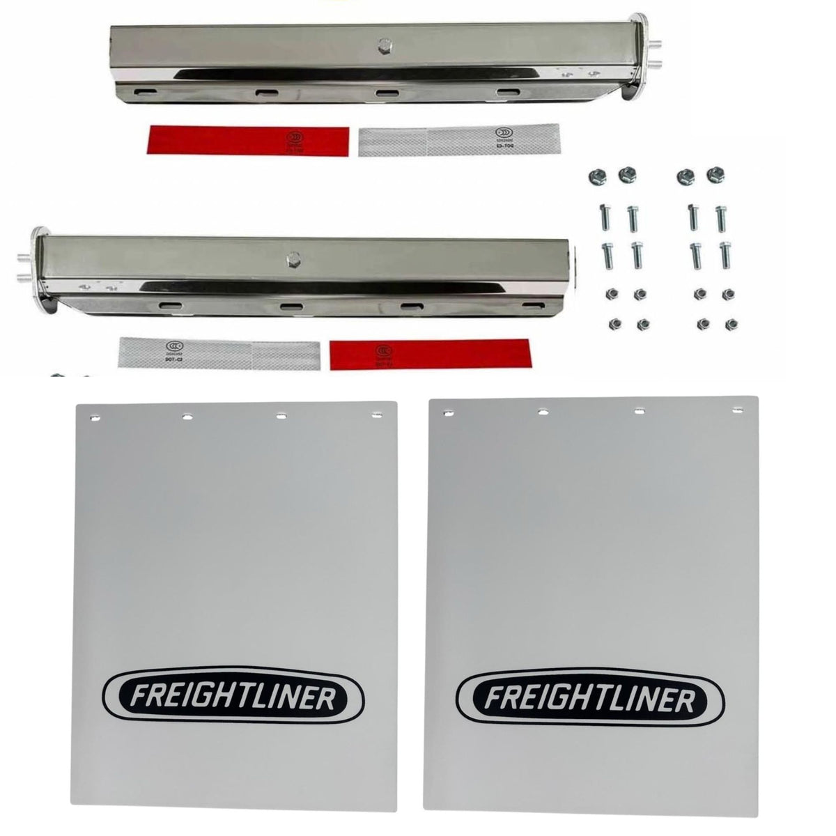 Semi Truck Chrome Mud Flap Hangers 2 1/2in Bolt Pattern Compatible with Freightliner – 24in x 30in White with Black Logo Mud Flaps – 8 Mounting Bolts & Reflector Tape