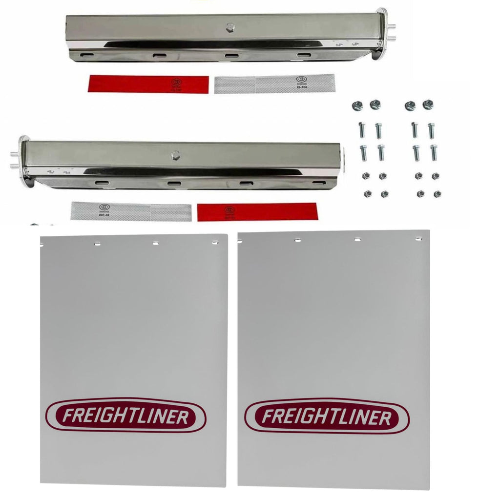 Semi Truck Chrome Mud Flap Hangers 2 1/2in Bolt Pattern Compatible with Freightliner – 24in x 30in White with Red Logo Mud Flaps – 8 Mounting Bolts & Reflector Tape
