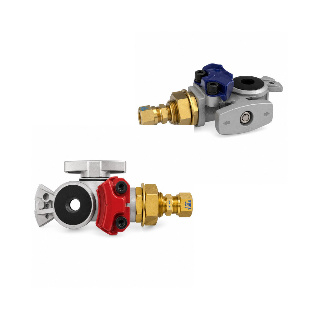 Shutoff Gladhand Service & Emergency Pair Compatible with Heavy-Duty Truck & Trailer Applications – Blue & Red – Bulkhead Compression Fitting for 1/2in Tubing