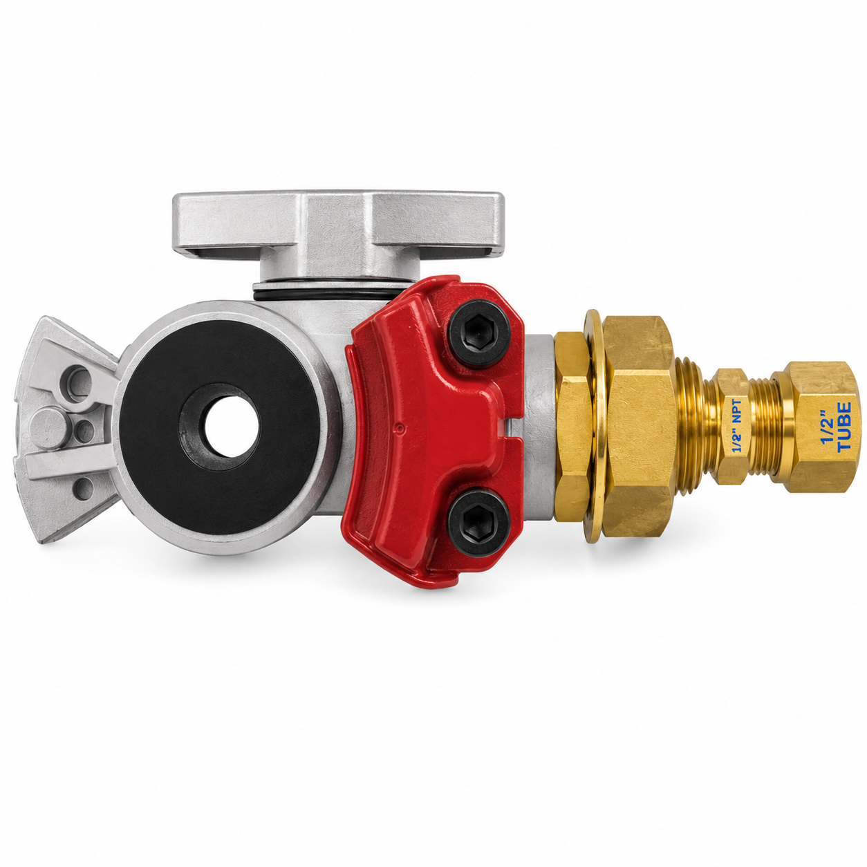 Shutoff Gladhand Emergency Compatible with Universal Applications – Red with Bulkhead Compression Fitting for 1/2in Tubing – Compatible with 9212-8 – 035174