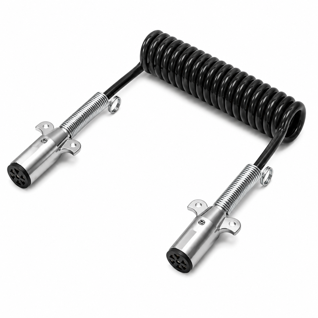 7-Way Coiled Electrical Cable 12ft Compatible with Universal Truck & Trailer Applications – Black – 6/14ga, 1/12ga – Compatible with 7ETB222MG – 590156 – 421010