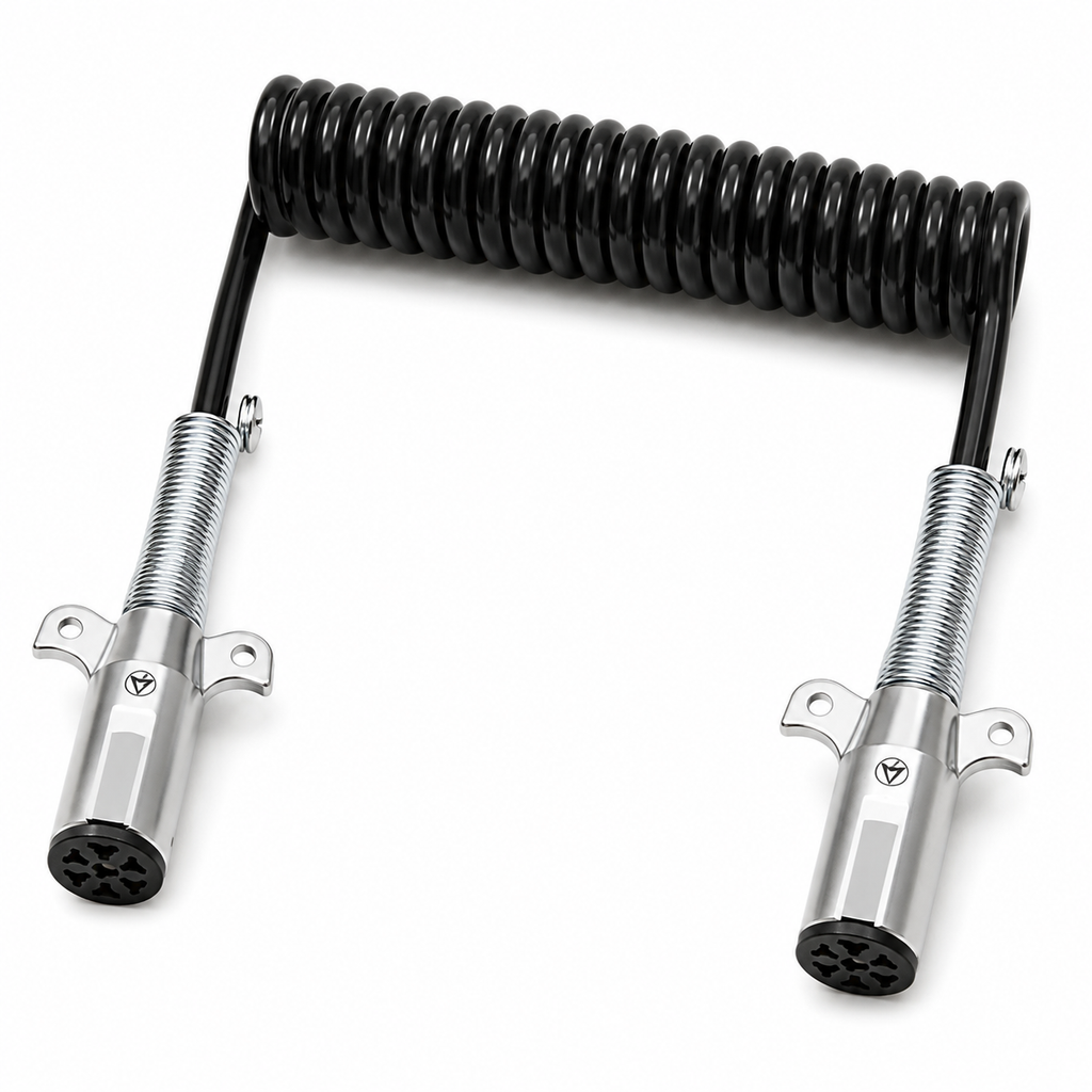 7-Way Coiled Electrical Cable 12ft Compatible with Universal Truck & Trailer Applications – Black – 6/14ga, 1/12ga – Compatible with 7ETB222MG – 590156 – 421010