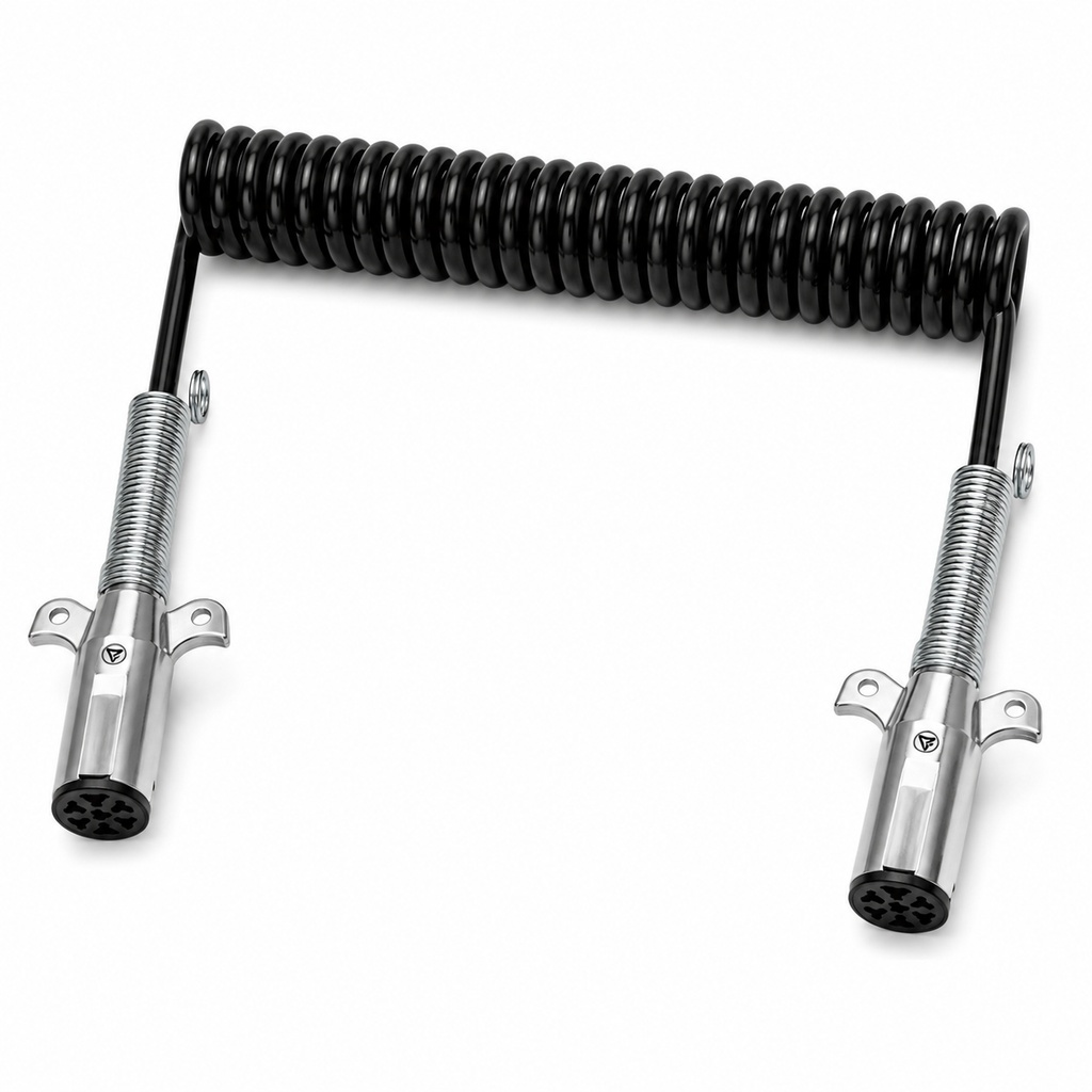 7-Way Coiled Electrical Cable 15ft Compatible with Universal Truck & Trailer Applications – Black – 6/14ga, 1/12ga – Compatible with 7ETB522MG – 590157