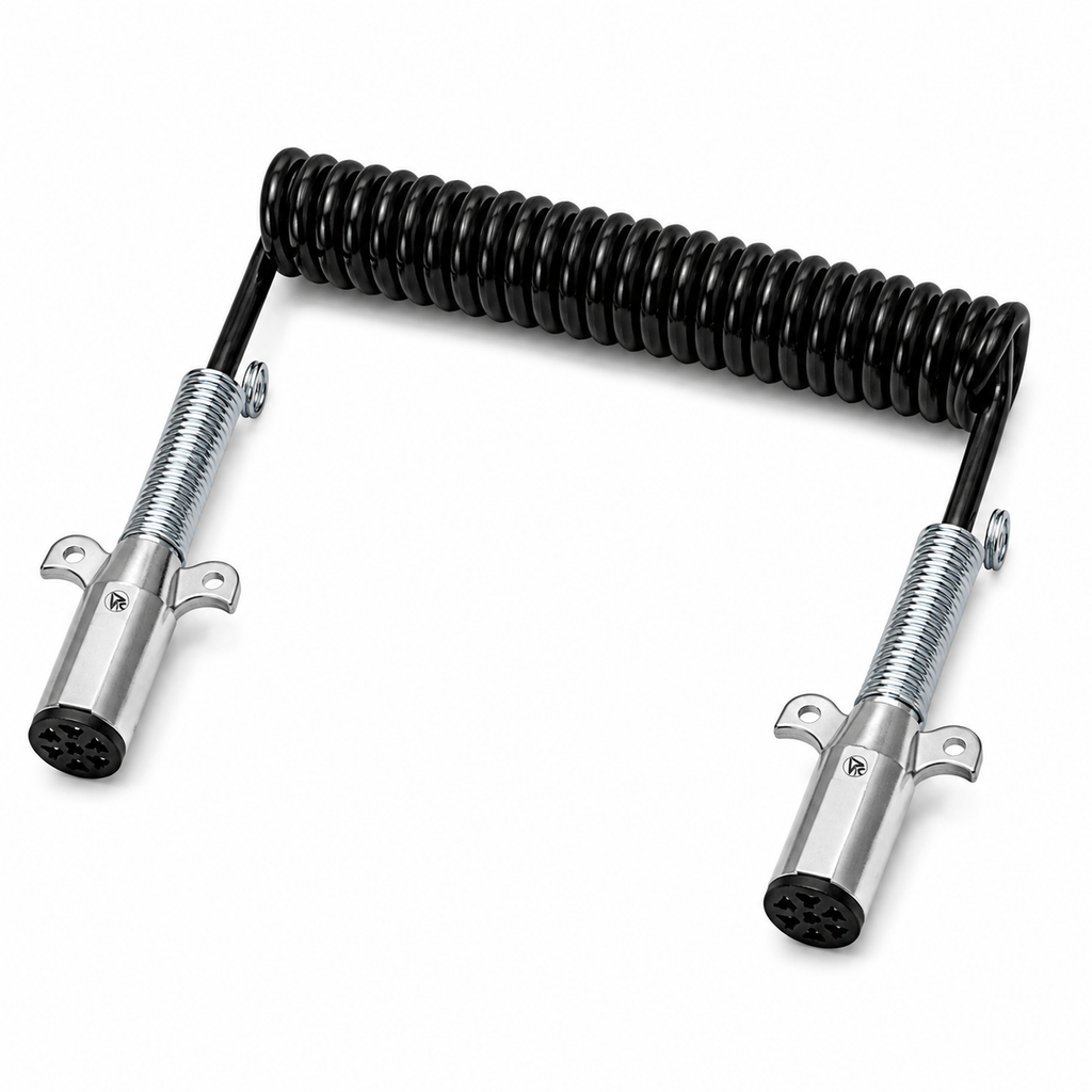 7-Way Coiled Electrical Cable 15ft Compatible with Universal Truck & Trailer Applications – Black – 6/14ga, 1/12ga – Compatible with 7ETB522MG – 590157