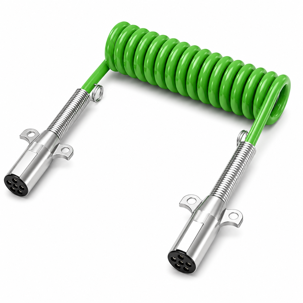 ABS Electrical Cable 12ft Compatible with Universal Applications – 7-Way Coiled Green Electrical Cord – 4/12ga, 2/10ga, 1/8ga – Compatible with 7ATG222MG, 590160, 421129