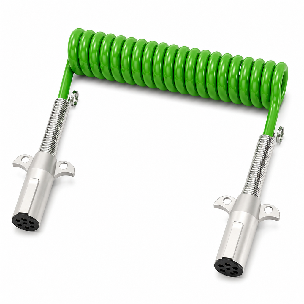 ABS Electrical Cable 15ft Compatible with Universal Applications – Sealed 7-Way Coiled Green Electrical Cord – 4/12ga, 2/10ga, 1/8ga Conductor Configuration – Compatible with 7ATG522MG, 590161, 421130