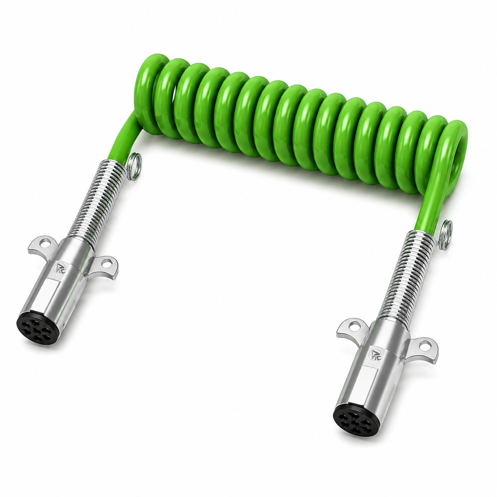 ABS Electrical Cable 15ft Compatible with Universal Applications – Sealed 7-Way Coiled Green Electrical Cord – 4/12ga, 2/10ga, 1/8ga Conductor Configuration – Compatible with 7ATG522MG, 590161, 421130