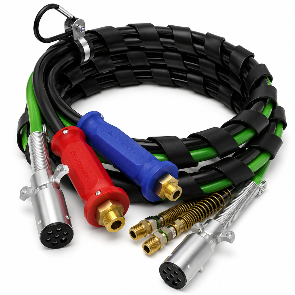 AirPower 3-in-1 Line 12ft Compatible with Heavy-Duty Truck & Trailer Applications – Black Air Hoses with Green Lighting & ABS Cable – Compatible with 169127 – 145112 – 451097