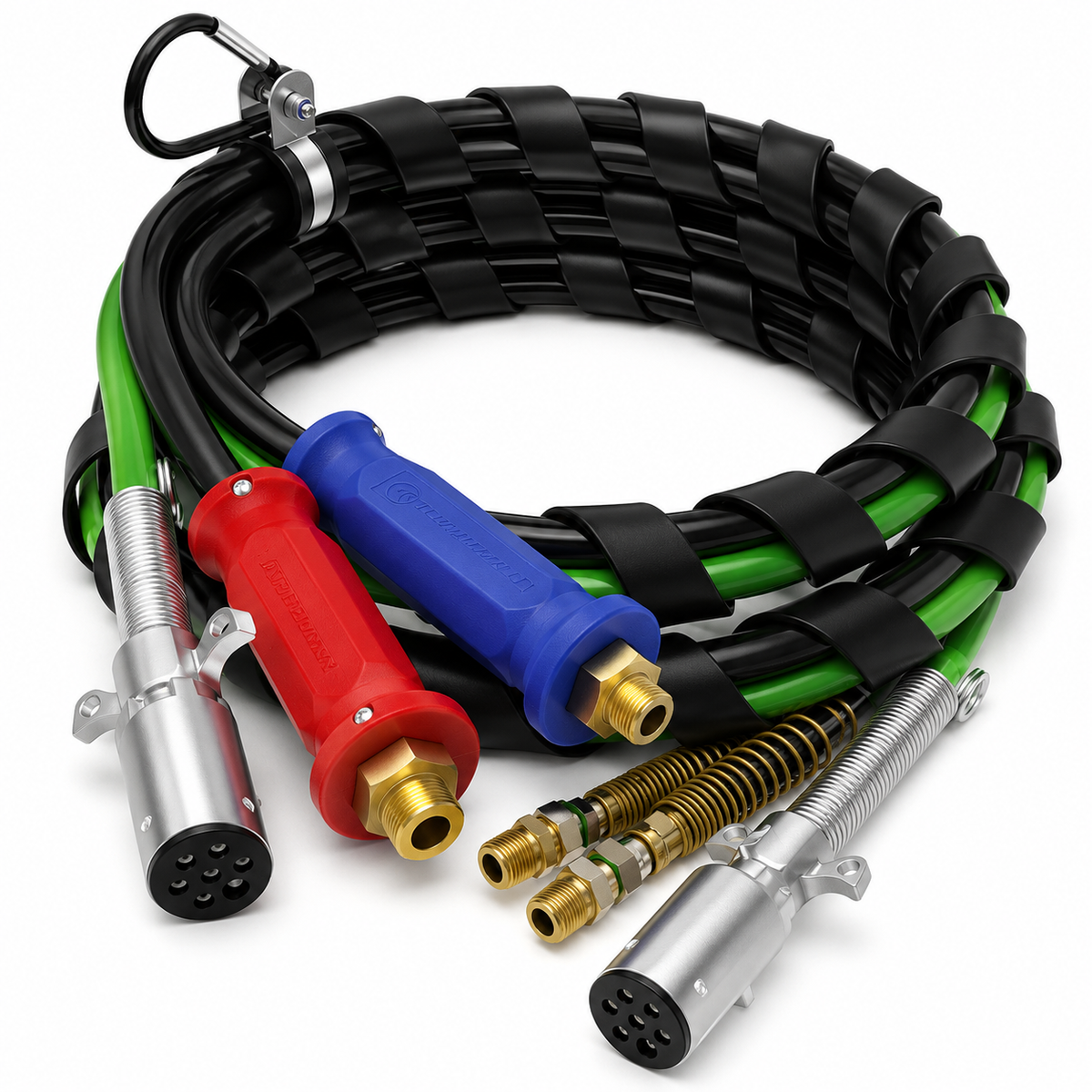 AirPower 3-in-1 Line 12ft Compatible with Heavy-Duty Truck & Trailer Applications – Black Air Hoses with Green Lighting & ABS Cable – Compatible with 169127 – 145112 – 451097