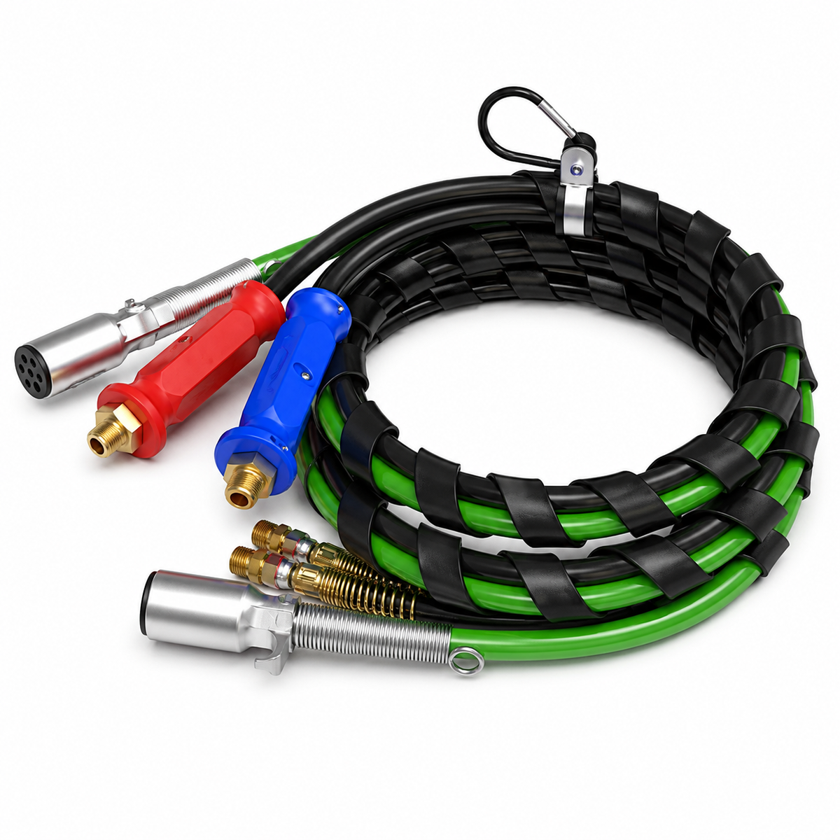 AirPower 3-in-1 Line 12ft Compatible with Heavy-Duty Truck & Trailer Applications – Black Air Hoses with Green Lighting & ABS Cable – Compatible with 169127 – 145112 – 451097