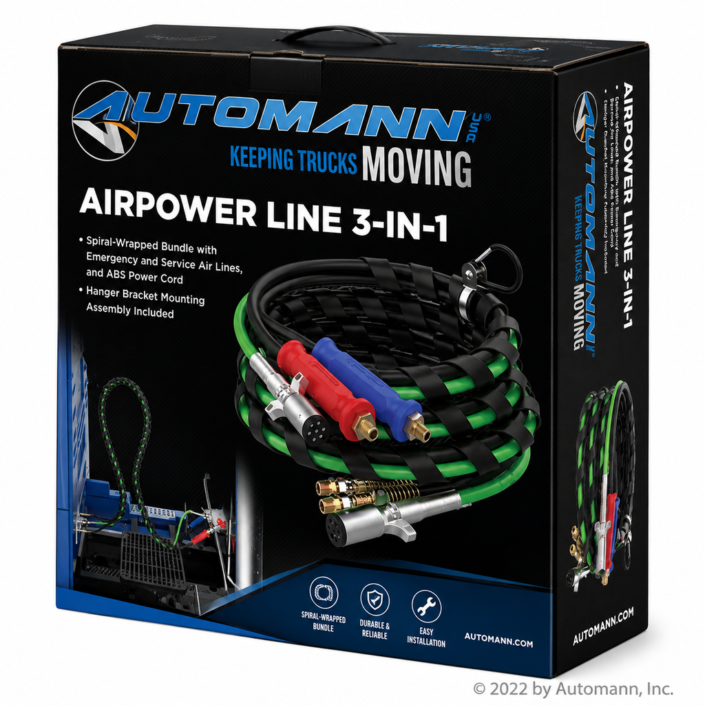AirPower 3-in-1 Line 12ft Compatible with Heavy-Duty Truck & Trailer Applications – Black Air Hoses with Green Lighting & ABS Cable – Compatible with 169127 – 145112 – 451097