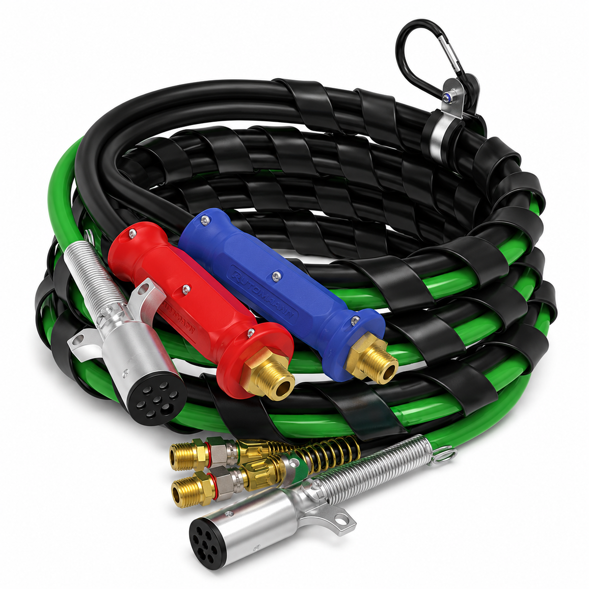 AirPower 3-in-1 Line 15ft Compatible with Heavy-Duty Truck & Trailer Applications – Black Rubber Air Hoses with Green ABS Cable – Compatible with 169157 – 145115 – 451098