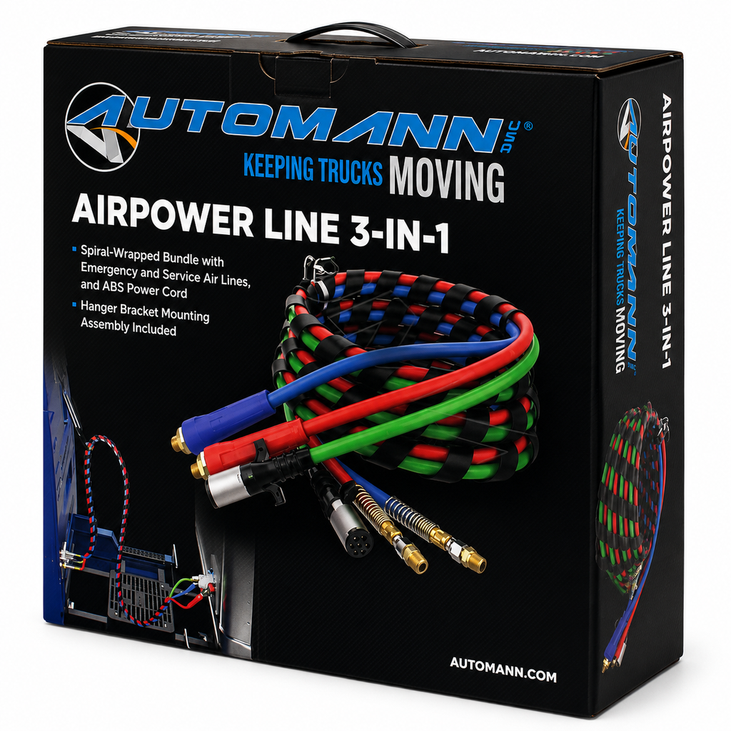 AirPower 3-in-1 Line 15ft Compatible with Heavy-Duty Truck & Trailer Applications – Black Rubber Air Hoses with Green ABS Cable – Compatible with 169157 – 145115 – 451098