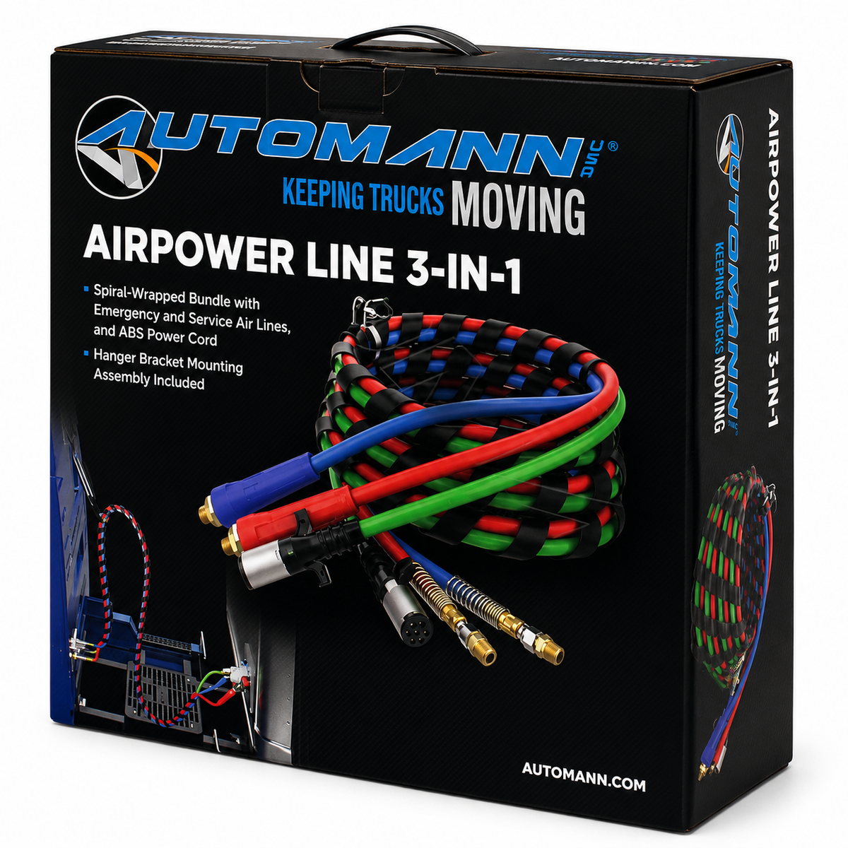 AirPower 3-in-1 Line 15ft Compatible with Heavy-Duty Truck & Trailer Applications – Black Rubber Air Hoses with Green ABS Cable – Compatible with 169157 – 145115 – 451098