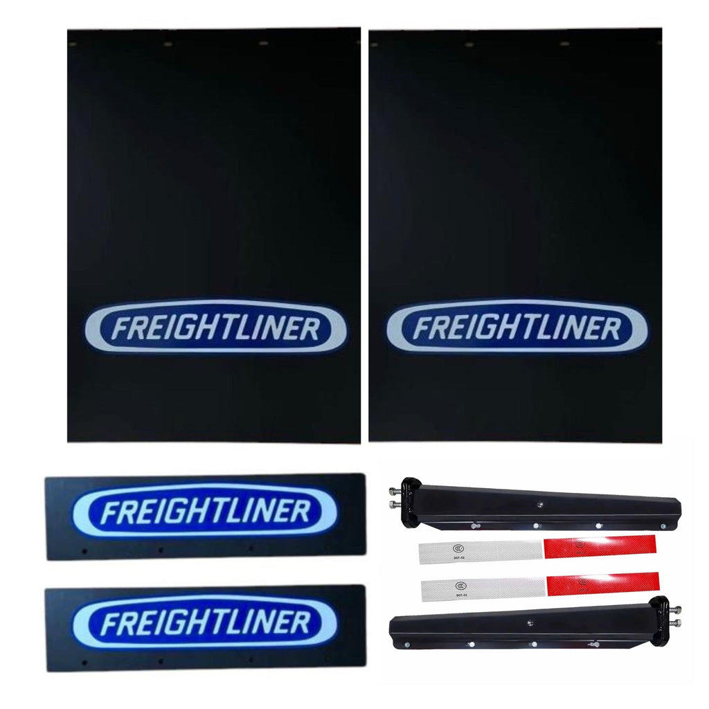 Semi Truck Mud Flaps 24in x 30in & 21in x 5in Quarter Fender Flaps – Compatible with Freightliner – Black with Blue Logo – 2 1/2in Bolt Pattern Hangers – Reflector Tape & Mounting Bolts