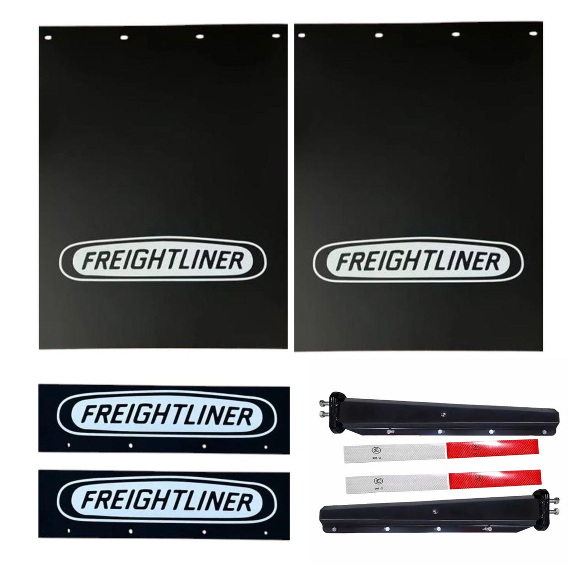 Semi Truck Mud Flaps 24in x 30in Compatible with Freightliner – Black with White Logo – 21in x 5in Quarter Fender Flaps – 2 1/2in Bolt Pattern Hangers – Reflector Tape & Mounting Bolts