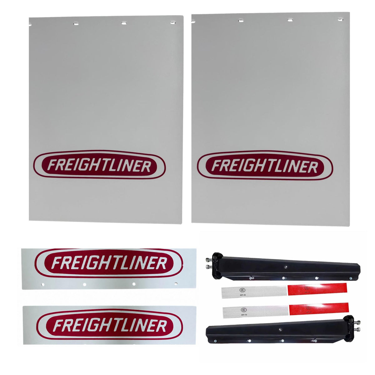 Semi Truck Mud Flaps 24in x 30in & 21in x 5in Quarter Fender Flaps – Compatible with Freightliner – White with Red Logo – 2 1/2in Bolt Pattern Hangers – Reflector Tape & Mounting Bolts