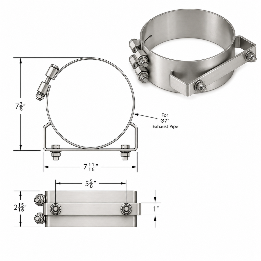 Stack Mounting Bracket 7in Compatible with Kenworth Aerocab Universal Applications – Polished Stainless Steel Wide 2 Bolt Clamp – Compatible with 50BJUB700SCP