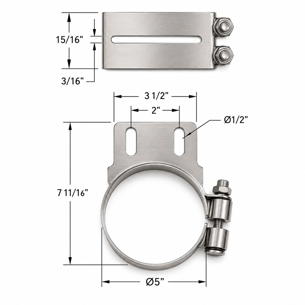 Stack Mounting Bracket 5in Compatible with Peterbilt Applications – Polished Stainless Steel Wide 2 Bolt Clamp – Compatible with 50BJPB500SCP