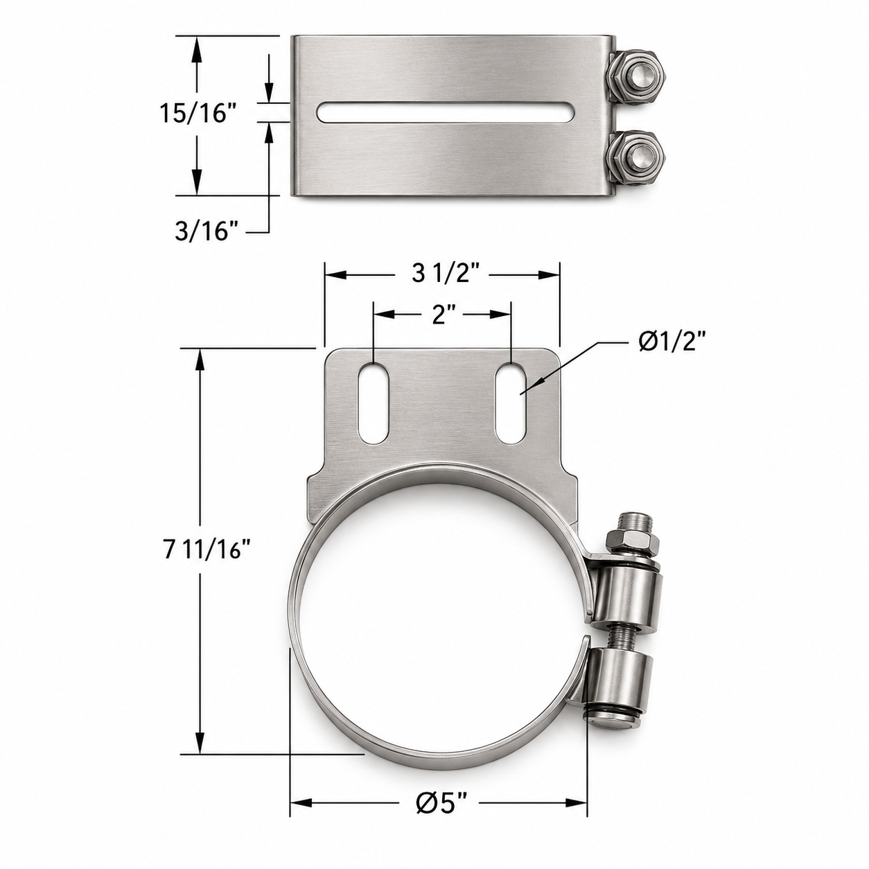Stack Mounting Bracket 5in Compatible with Peterbilt Applications – Polished Stainless Steel Wide 2 Bolt Clamp – Compatible with 50BJPB500SCP