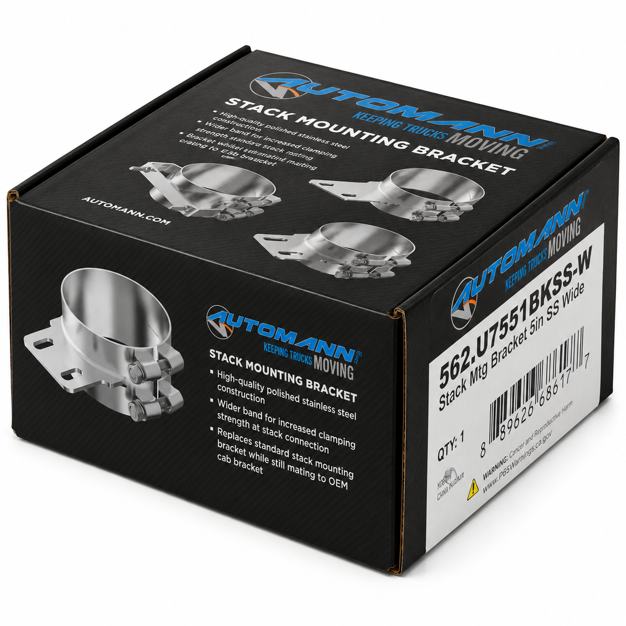 Stack Mounting Bracket 5in Compatible with Peterbilt Applications – Polished Stainless Steel Wide 2 Bolt Clamp – Compatible with 50BJPB500SCP