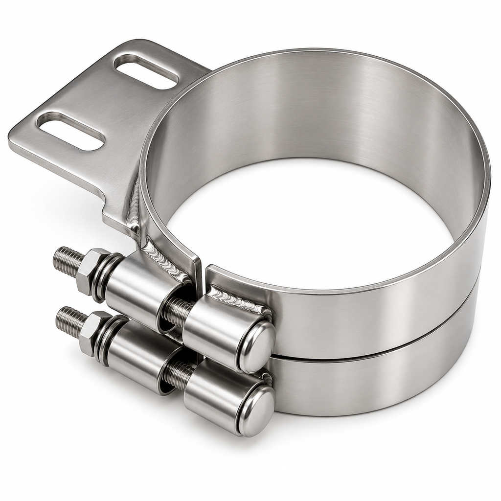 Stack Mounting Bracket 6in Compatible with Peterbilt Applications – Polished Stainless Steel Wide 2 Bolt Clamp – Compatible with 50BJPB600SCP