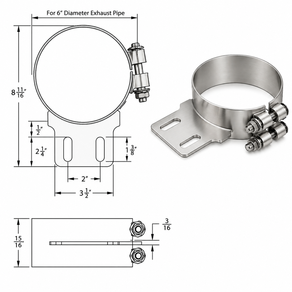 Stack Mounting Bracket 6in Compatible with Peterbilt Applications – Polished Stainless Steel Wide 2 Bolt Clamp – Compatible with 50BJPB600SCP
