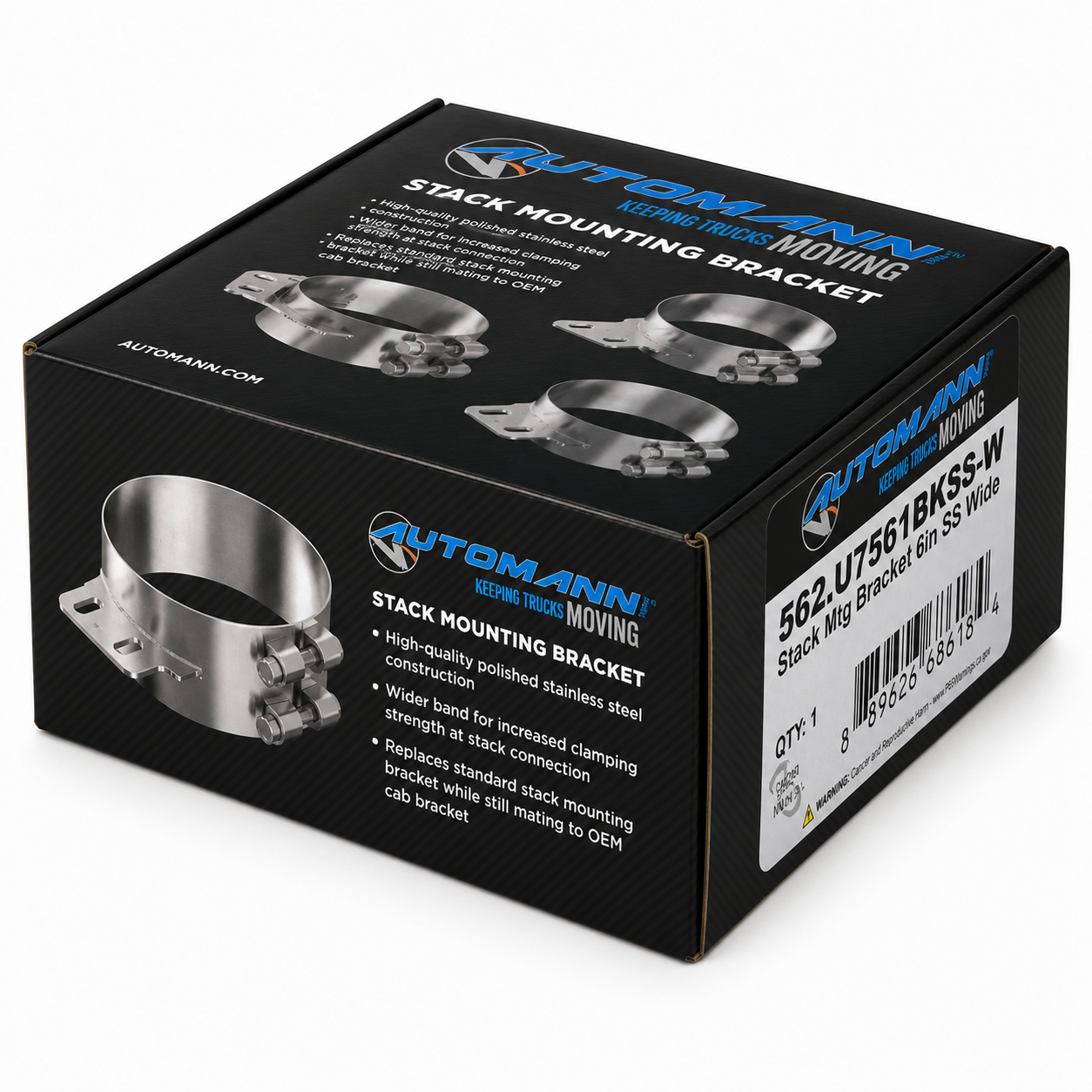 Stack Mounting Bracket 6in Compatible with Peterbilt Applications – Polished Stainless Steel Wide 2 Bolt Clamp – Compatible with 50BJPB600SCP