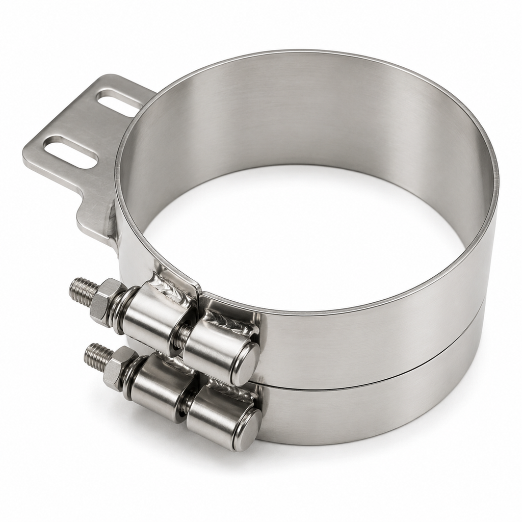 Stack Mounting Bracket 8in Compatible with Peterbilt Applications – Polished Stainless Steel Wide 2 Bolt Clamp – Compatible with 50BJPB800SCP