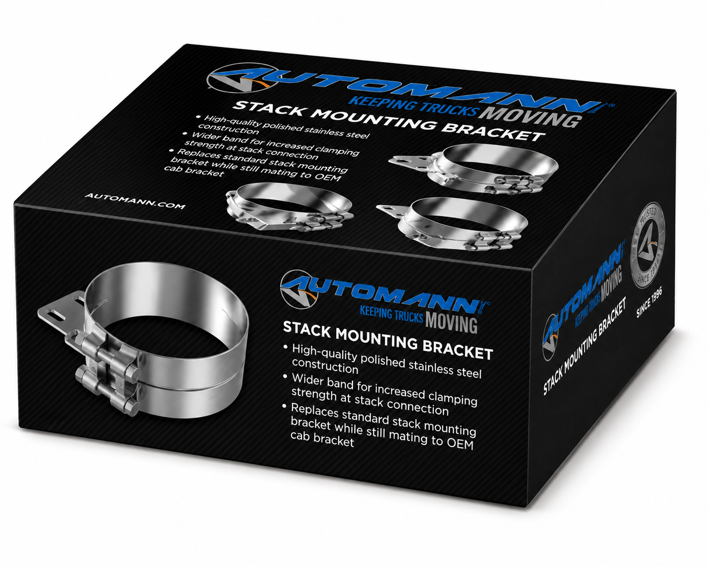 Stack Mounting Bracket 8in Compatible with Peterbilt Applications – Polished Stainless Steel Wide 2 Bolt Clamp – Compatible with 50BJPB800SCP
