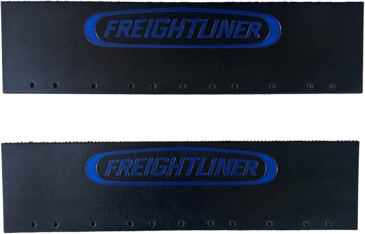 Semi Truck Quarter Fender Mud Flaps 24in x 6in Compatible with Freightliner – Black with Blue Logo – Pair