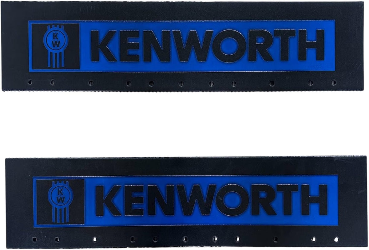 Semi Truck Quarter Fender Mud Flaps 24in x 6in Compatible with Kenworth – Black with Blue Logo – Pair