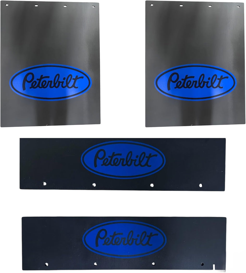 Semi Truck Mud Flaps 24in x 30in Compatible with Peterbilt – Black with Blue Logo – Includes 21in x 5in Quarter Fender Mud Flaps – 4-Piece Set
