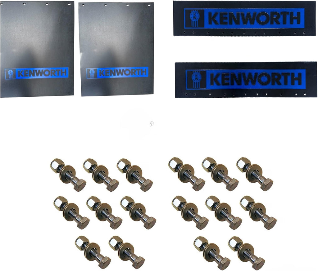 Semi Truck Mud Flaps 24in x 30in Compatible with Kenworth – Black with Blue Logo – Includes 24in x 5in Quarter Fender Flaps & 16 Stainless Steel Mounting Bolts