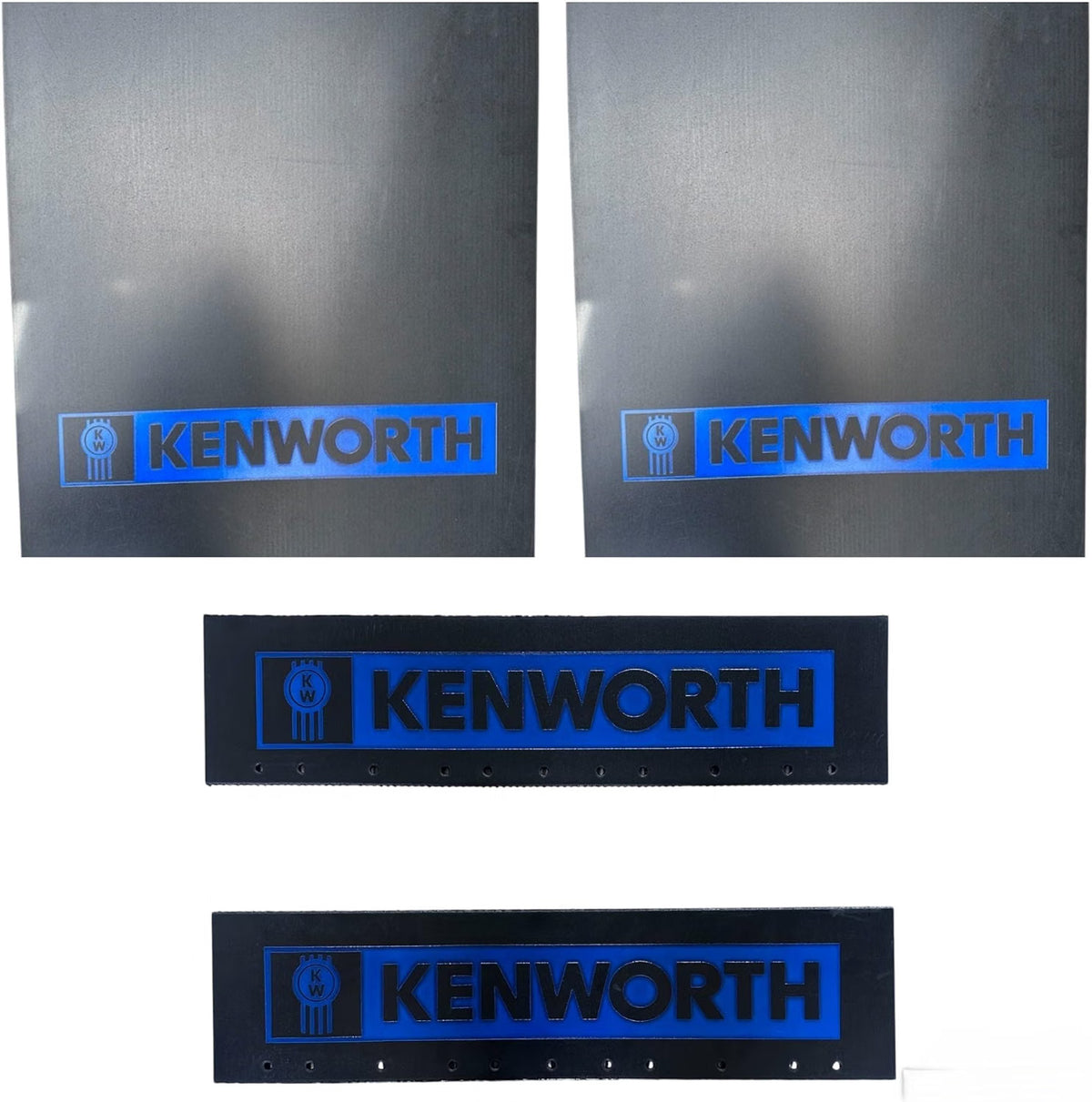 Semi Truck Mud Flaps 24in x 30in Compatible with Kenworth – Black with Blue Logo – Includes 24in x 5in Quarter Fender Mud Flaps – 4-Piece Set