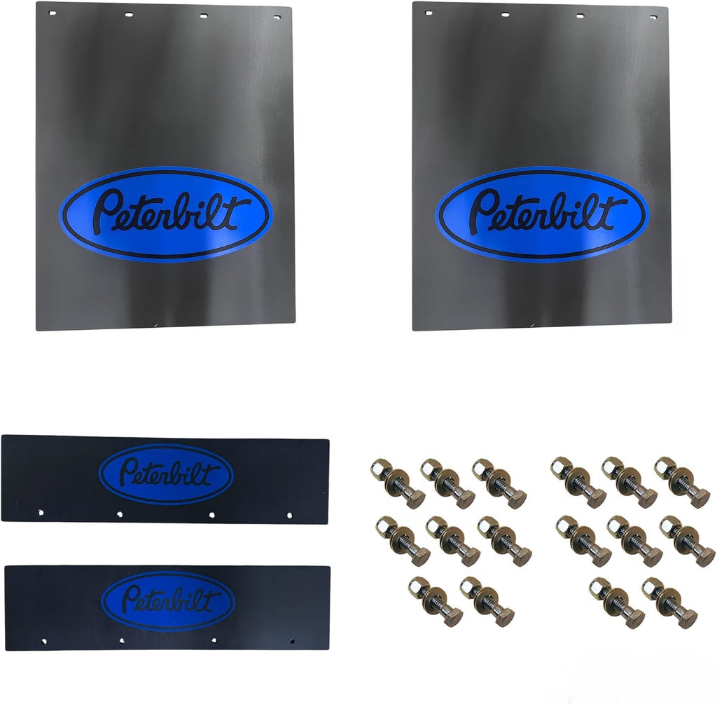 Semi Truck Mud Flaps 24in x 30in Compatible with Peterbilt – Black with Blue Logo – Includes 21in x 5in Quarter Fender Flaps & 16 Stainless Steel Mounting Bolts