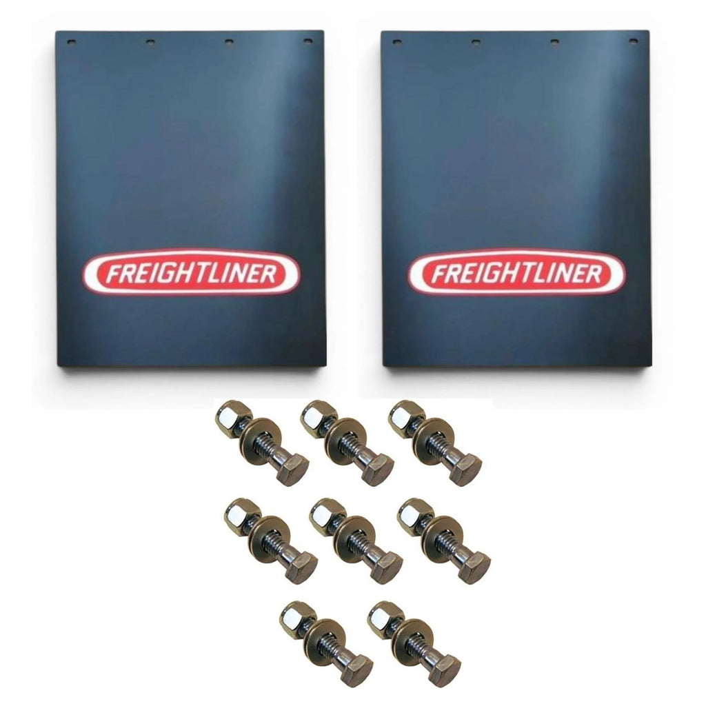 Semi Truck Mud Flaps 24in x 30in Compatible with Freightliner Trucks – Black with Red Logo – 2 1/2in Bolt Pattern – Includes 8 Stainless Steel Mounting Bolts