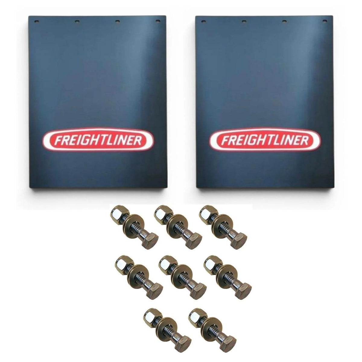 Semi Truck Mud Flaps 24in x 30in Compatible with Freightliner Trucks – Black with Red Logo – 2 1/2in Bolt Pattern – Includes 8 Stainless Steel Mounting Bolts