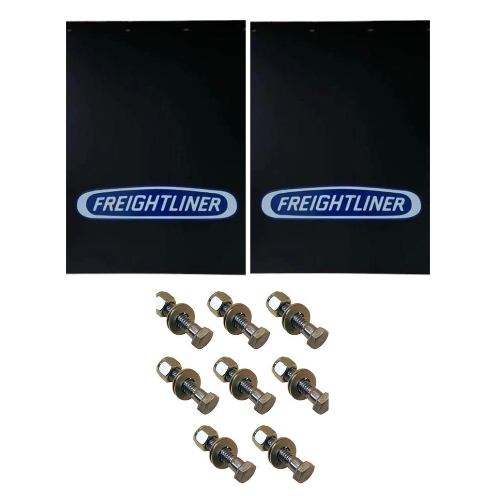 Semi Truck Mud Flaps 24in x 30in Compatible with Freightliner Trucks – Black with Blue Logo – 2 1/2in Bolt Pattern – Includes 8 Stainless Steel Mounting Bolts
