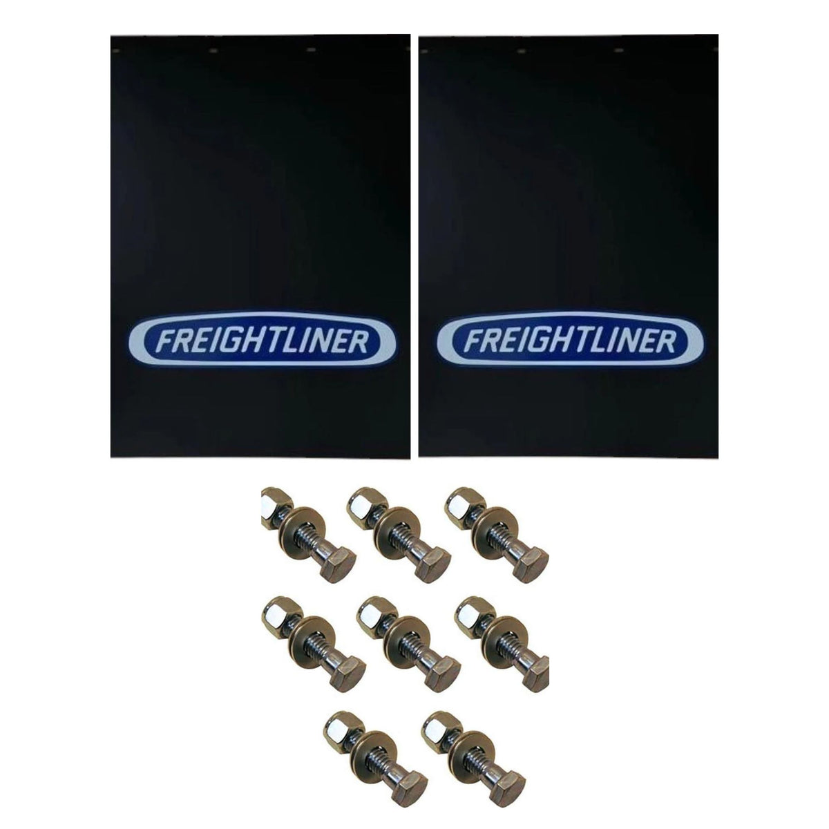 Semi Truck Mud Flaps 24in x 30in Compatible with Freightliner Trucks – Black with Blue Logo – 2 1/2in Bolt Pattern – Includes 8 Stainless Steel Mounting Bolts