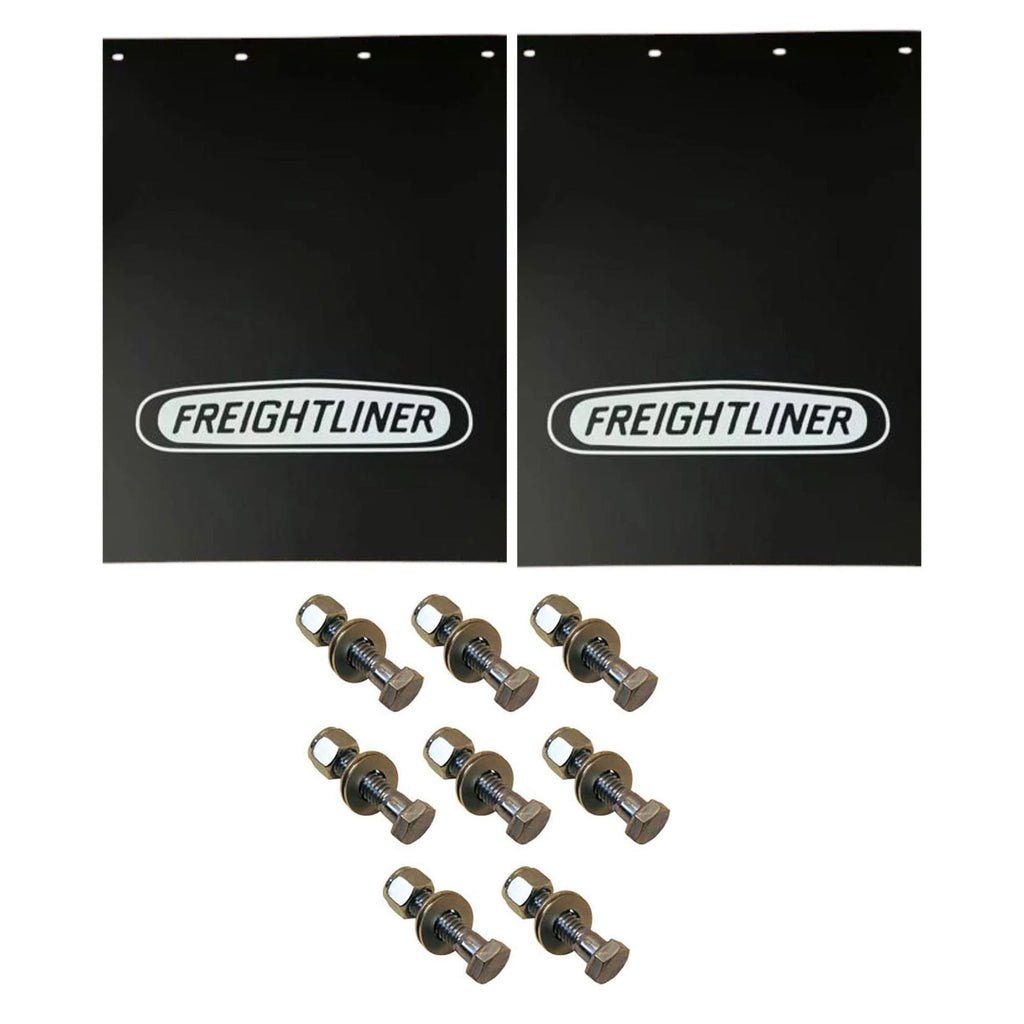 Semi Truck Mud Flaps 24in x 30in Compatible with Freightliner Trucks – Black with White Logo – 2 1/2in Bolt Pattern – Includes 8 Stainless Steel Mounting Bolts