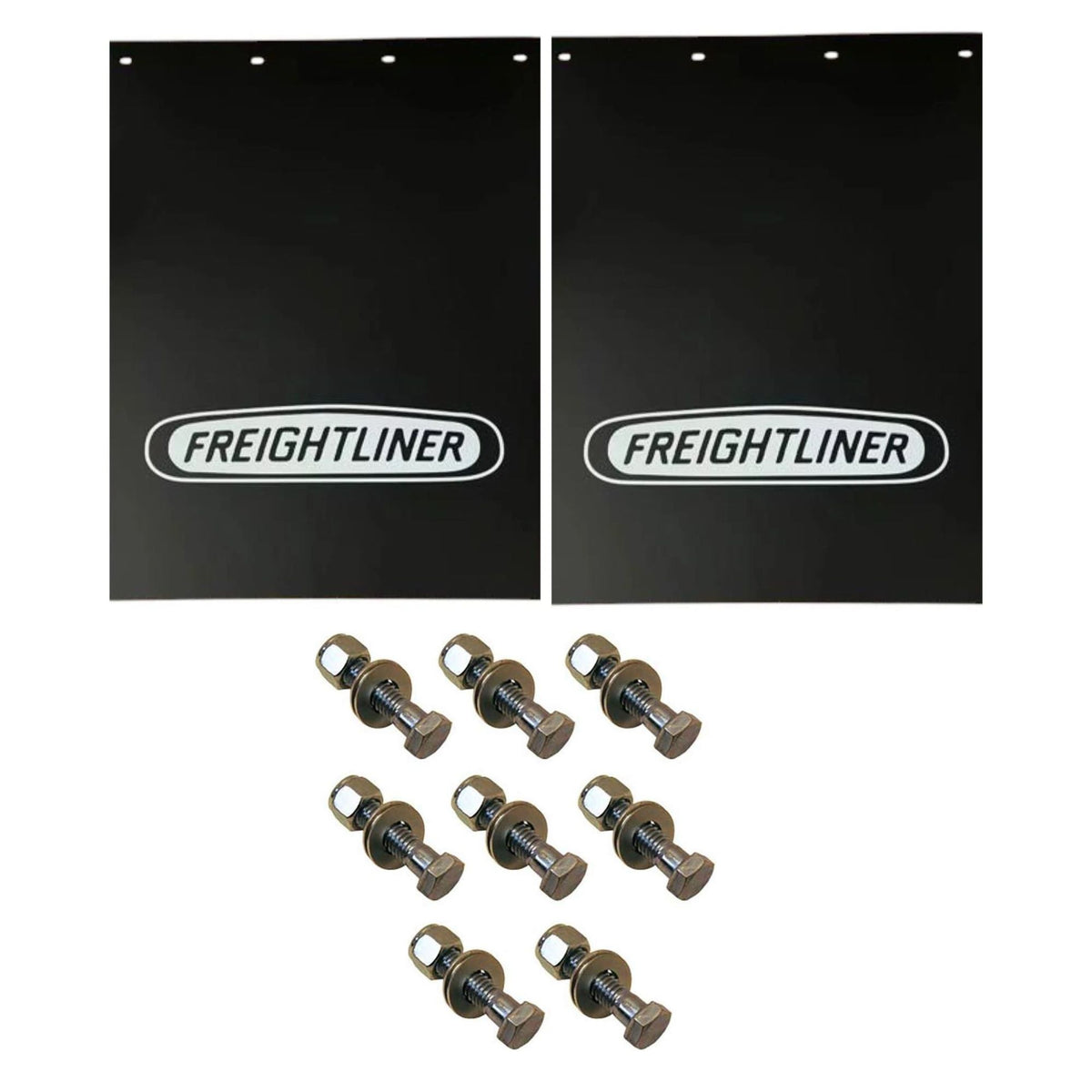 Semi Truck Mud Flaps 24in x 30in Compatible with Freightliner Trucks – Black with White Logo – 2 1/2in Bolt Pattern – Includes 8 Stainless Steel Mounting Bolts